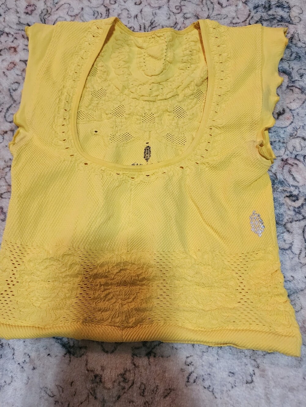 Free People Free Movement Yellow Lace Pointelle Flutter Sleeve Top XS/S